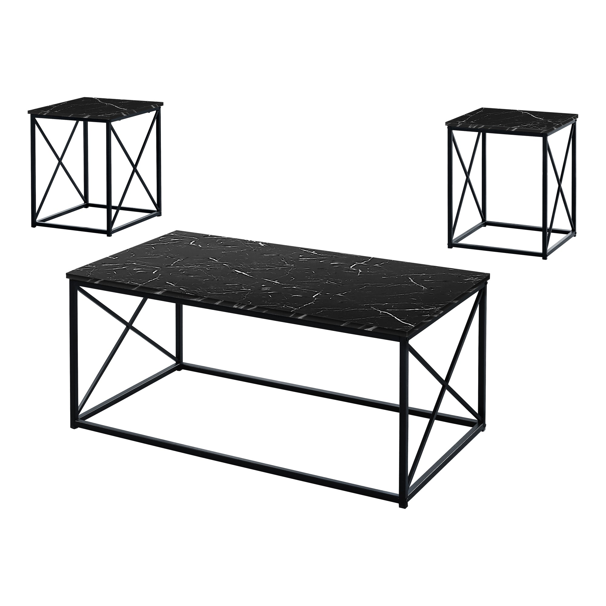 Monarch Specialties Table Set, 3pcs Set Black Marble Look Laminate I 7954P - Vip Game Room