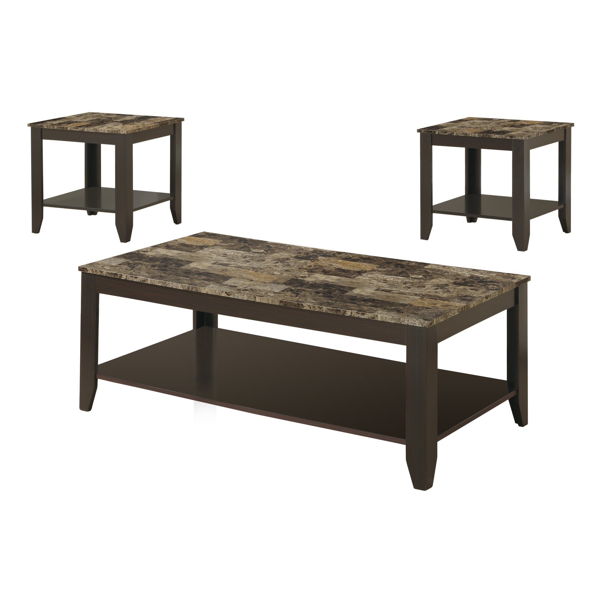 Monarch Specialties Table Set, 3pcs Set Brown Marble Look Laminate I 7984P - Vip Game Room