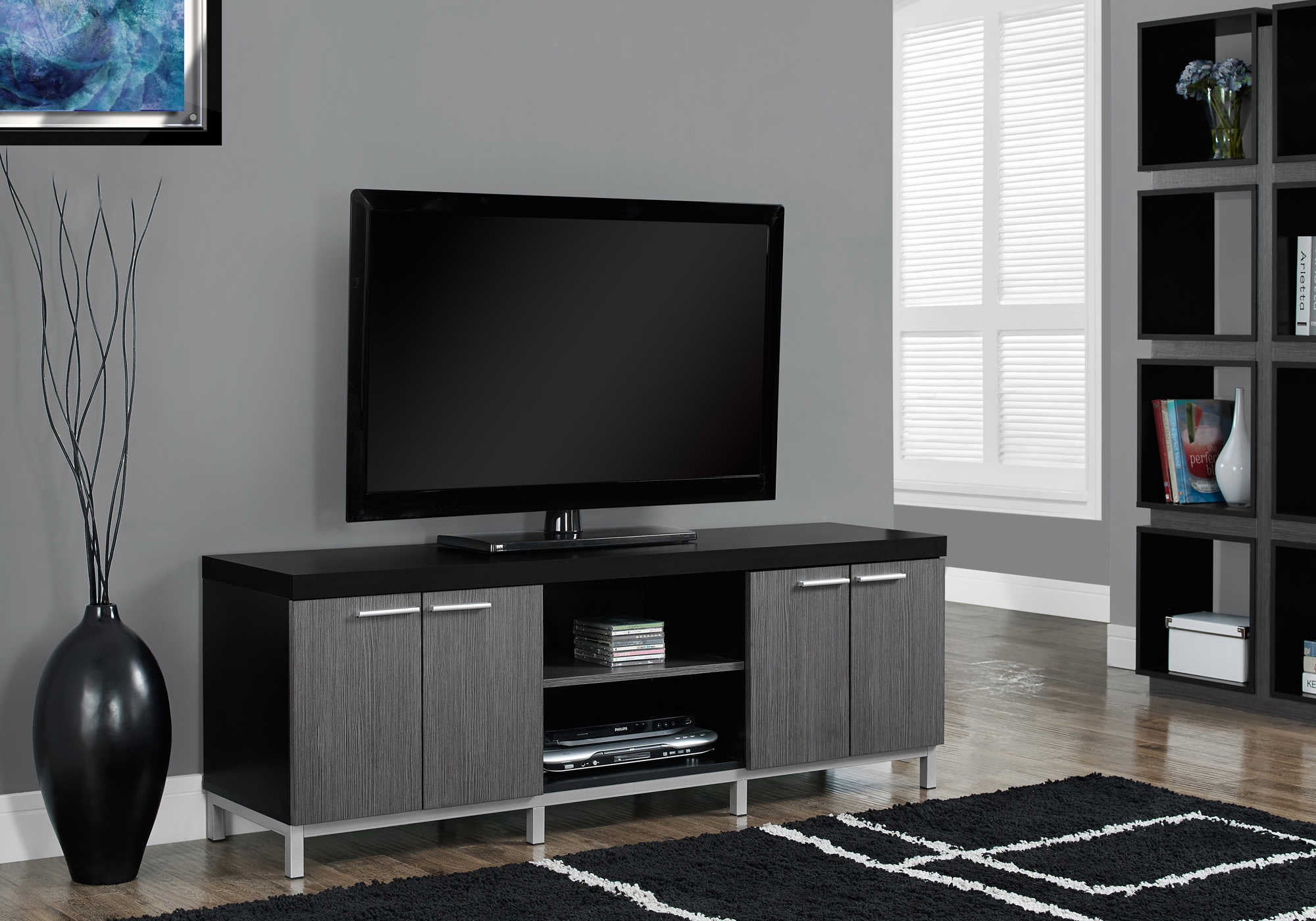 Monarch Specialties Tv Stand, 60 Inch, Black And Grey Laminate I 2590 - Vip Game Room