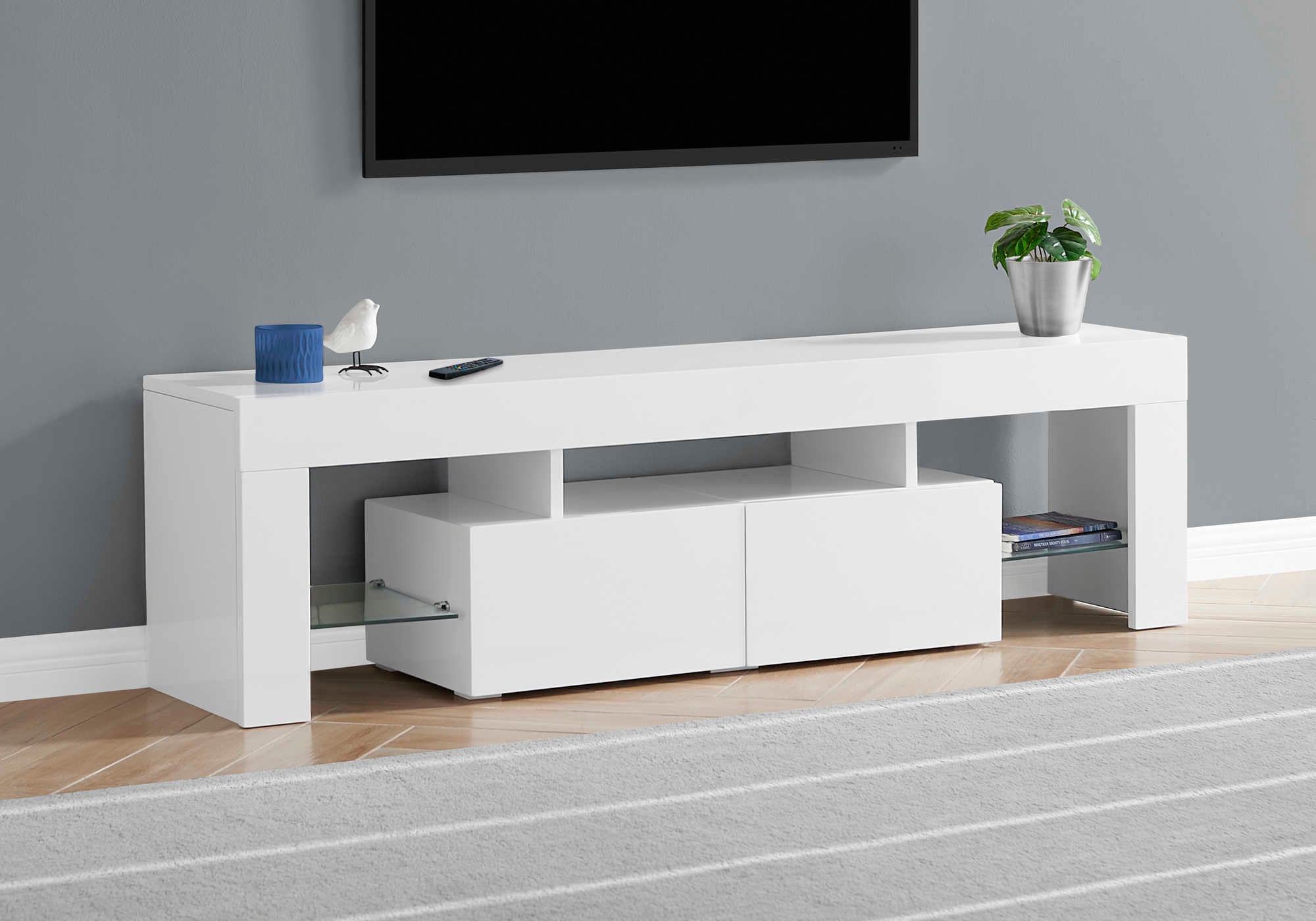 Monarch Specialties Tv Stand, 63 Inch Glossy White Laminate I 3548 - Vip Game Room
