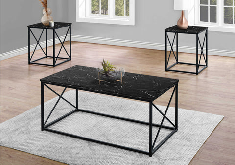 Image of Monarch Specialties Table Set, 3pcs Set Black Marble Look Laminate I 7954P