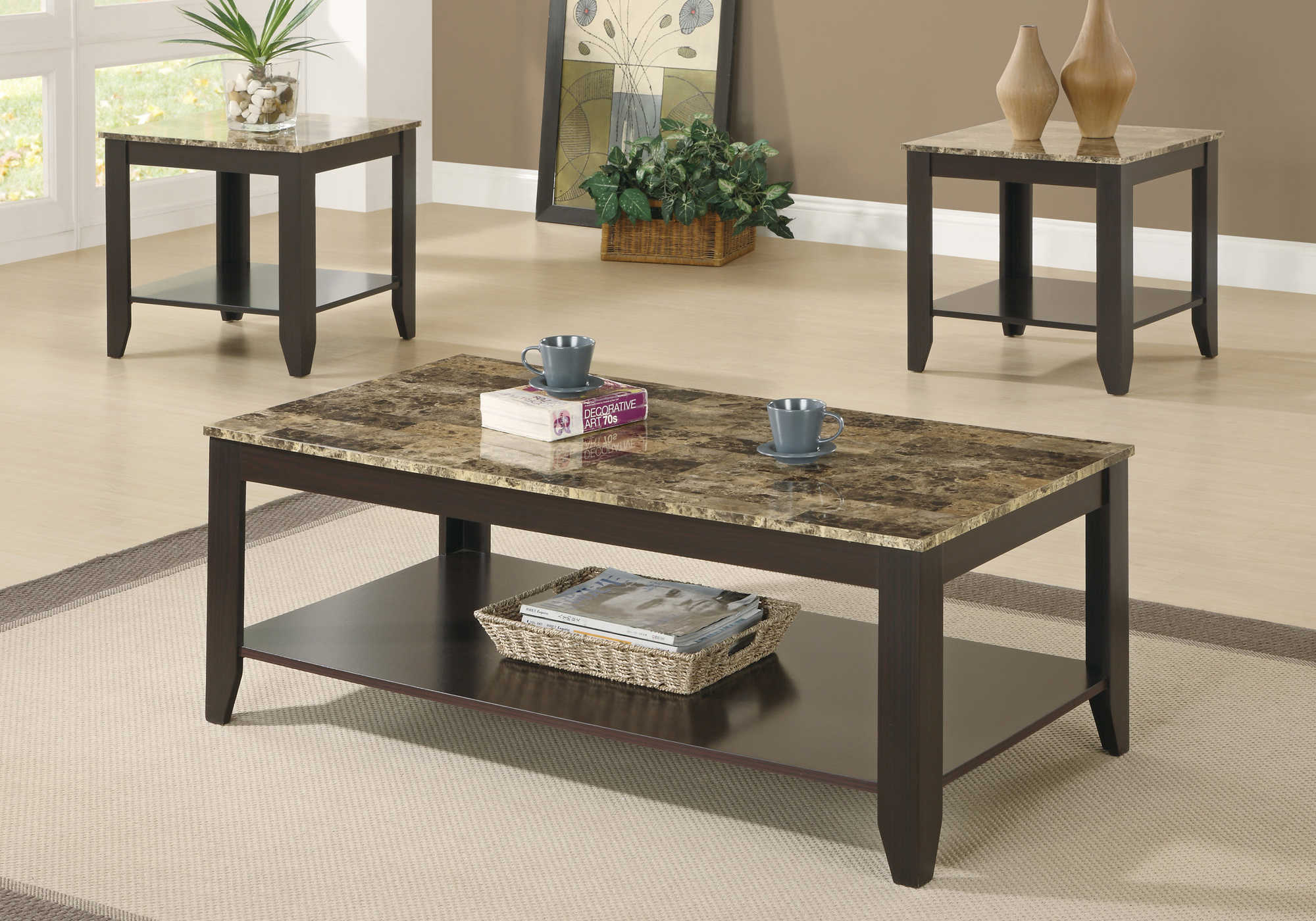 Monarch Specialties Table Set, 3pcs Set Brown Marble Look Laminate I 7984P - Vip Game Room