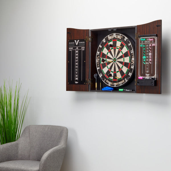 Viper Vault Deluxe Dartboard Cabinet with Shot King Sisal Dartboard and Illumiscore Scoreboard - Vip Game Room
