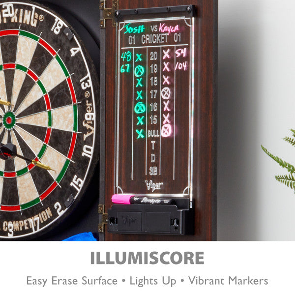 Viper Vault Deluxe Dartboard Cabinet with Shot King Sisal Dartboard and Illumiscore Scoreboard - Vip Game Room